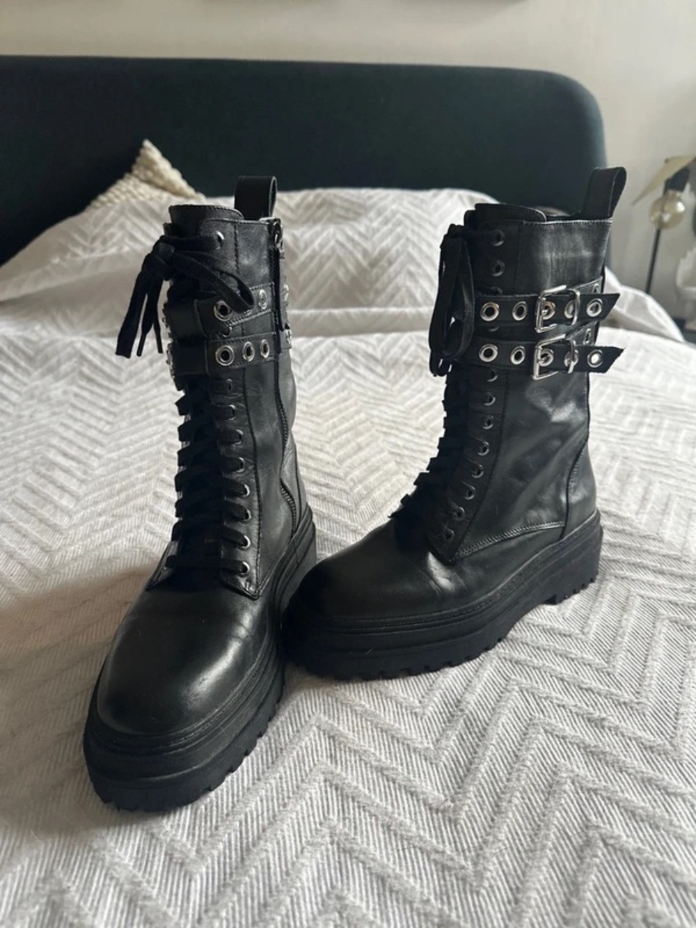 Zara Black Platform Lace-Up Combat Boots with Buckle Straps